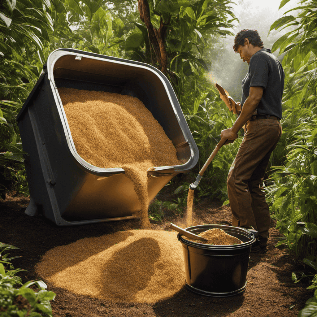 An image depicting a person pouring a bucket of biodegradable sawdust into a composting toilet, demonstrating the process of implementing alternative flushing methods without running water