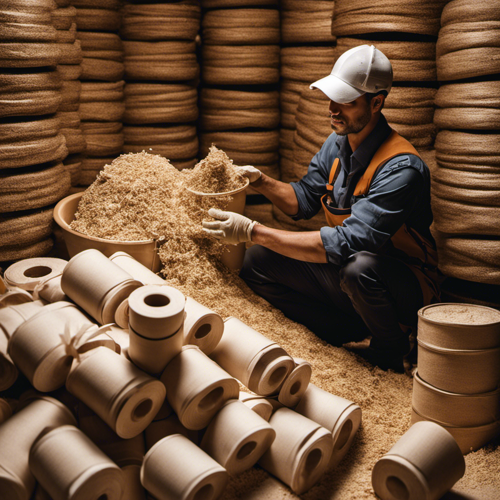An image showcasing a person holding a large bucket filled with sawdust, a smaller container of disinfectant, and a stack of toilet paper rolls next to them, emphasizing the importance of gathering necessary supplies for flushing a toilet without running water