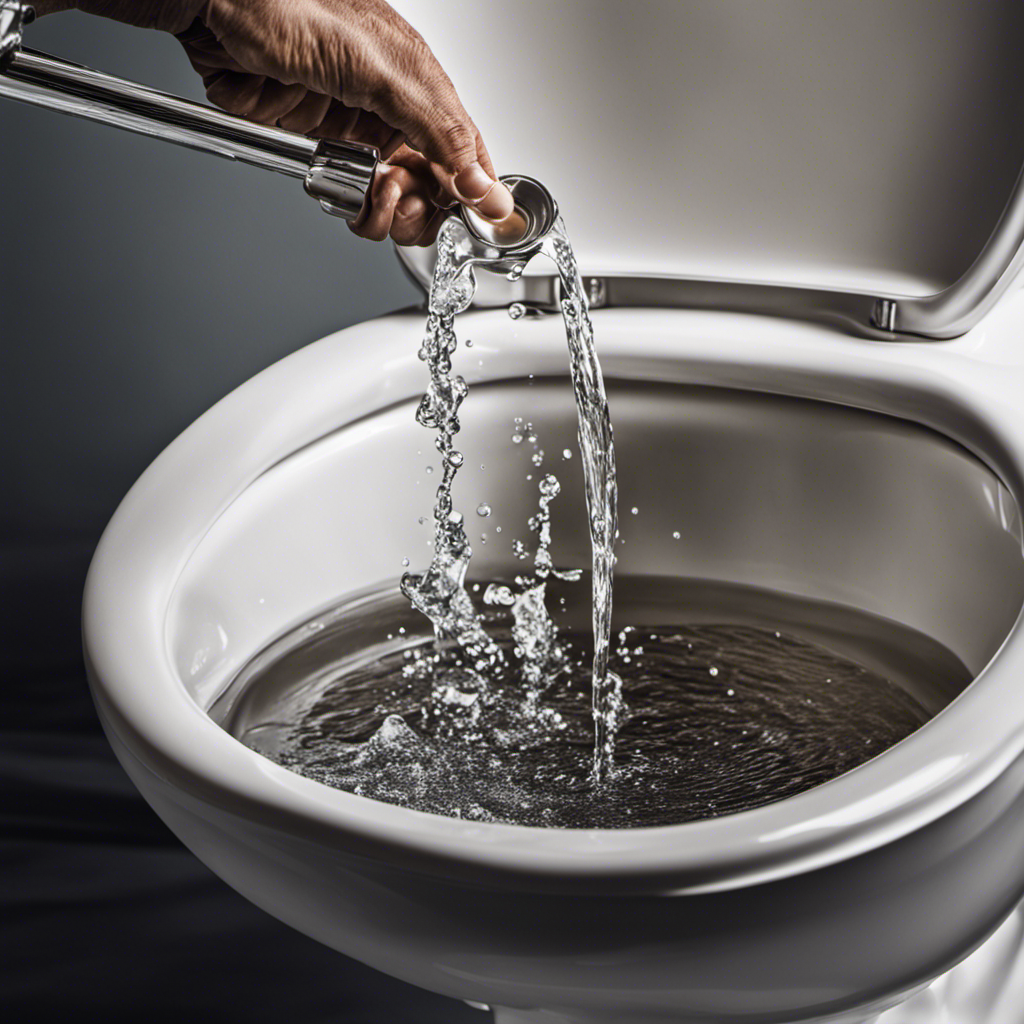 An image showcasing a person pouring a bucket of clean water into the toilet bowl, while simultaneously pressing the flush handle with their other hand