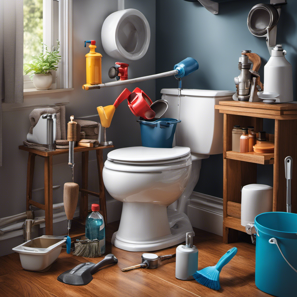 An image showing a person pouring a bucket of water into the toilet tank, while another person uses a plunger to unclog the toilet, surrounded by various troubleshoot tools and tips, like a wrench, vinegar, and a toilet brush