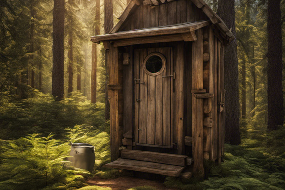 An image capturing a person standing near a rustic wooden outhouse in a serene forest, demonstrating the process of flushing a toilet without water using a composting system