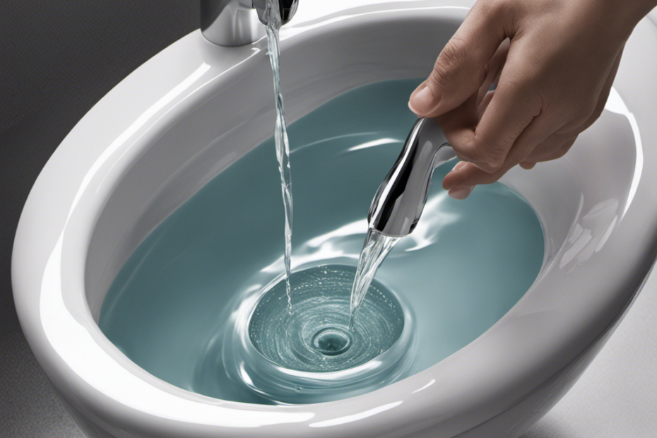 An image depicting a step-by-step guide to flushing a toilet: a hand reaching towards a chrome lever, firmly pressing it down, water swirling in the bowl, and finally, a clean bowl with the water level back to normal