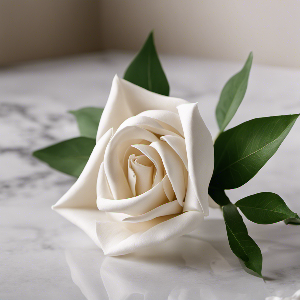 An image showcasing a perfectly folded toilet paper rose on a pristine bathroom countertop