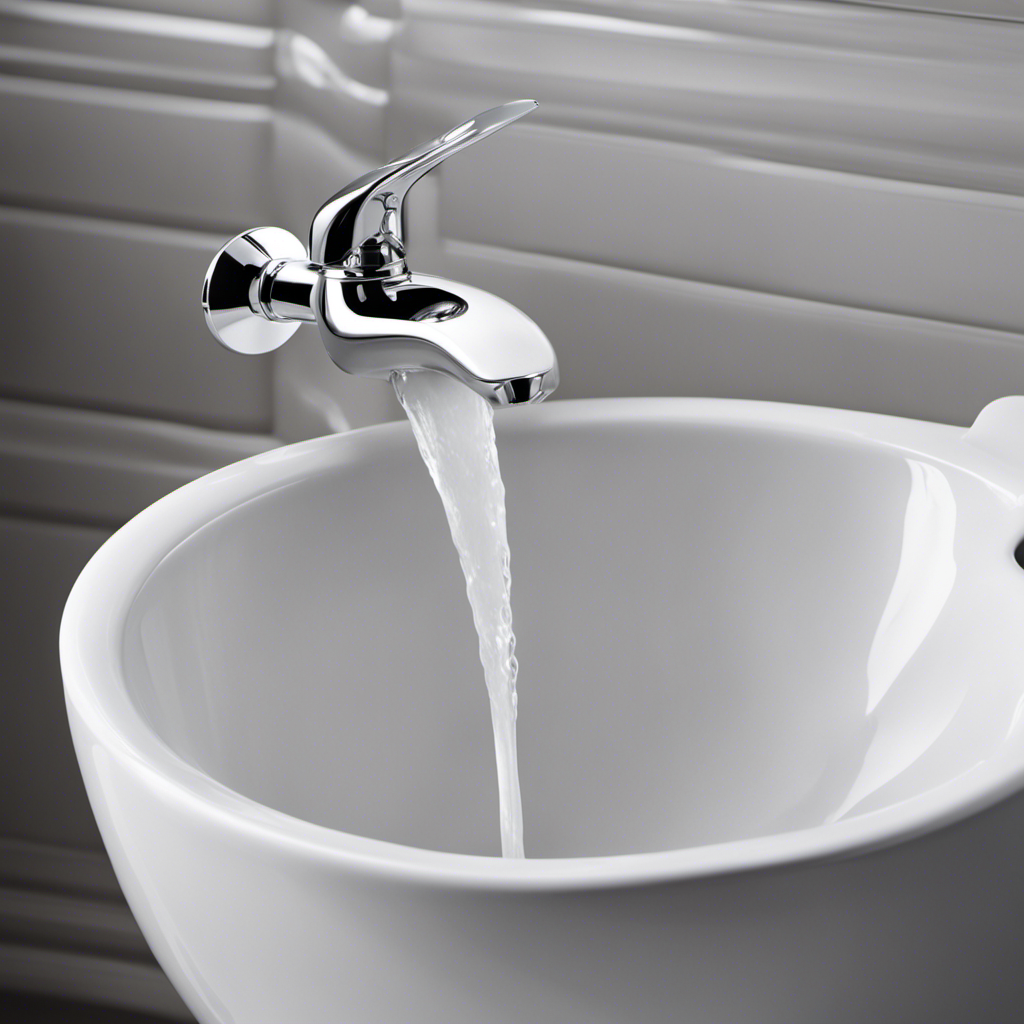 An image showcasing a hand firmly pressing down on a silver lever, while water vigorously swirls inside a pristine white toilet bowl, demonstrating the precise technique of force flushing