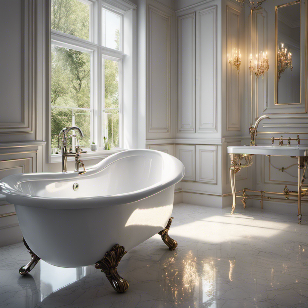 An image showcasing a sparkling white bathtub, glistening under bright bathroom lights