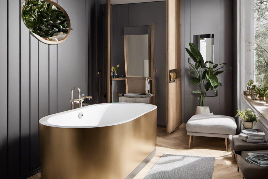 An image that showcases a clever space-saving solution for getting a luxurious, freestanding bathtub into a small bathroom
