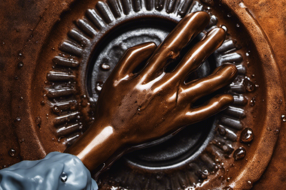 An image of a hand gripping a rusted metal bathtub stopper, with water droplets clinging to it