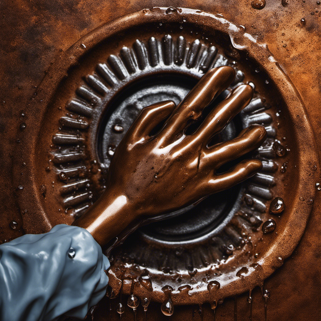 An image of a hand gripping a rusted metal bathtub stopper, with water droplets clinging to it