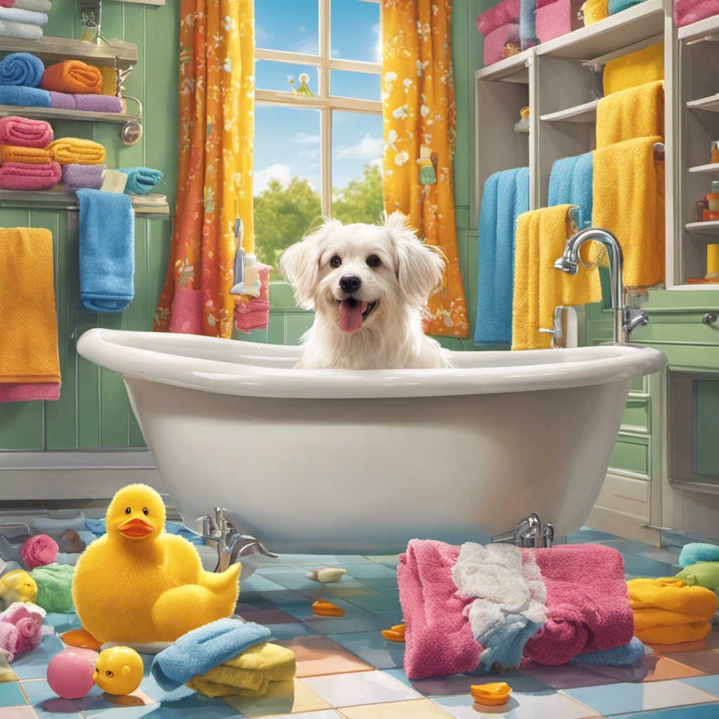 An image capturing a playful scene of a wet, fluffy dog, surrounded by a colorful assortment of dog shampoos, towels, and a rubber duck, in a sunlit bathroom with gleaming tiles and a bubbly bathtub