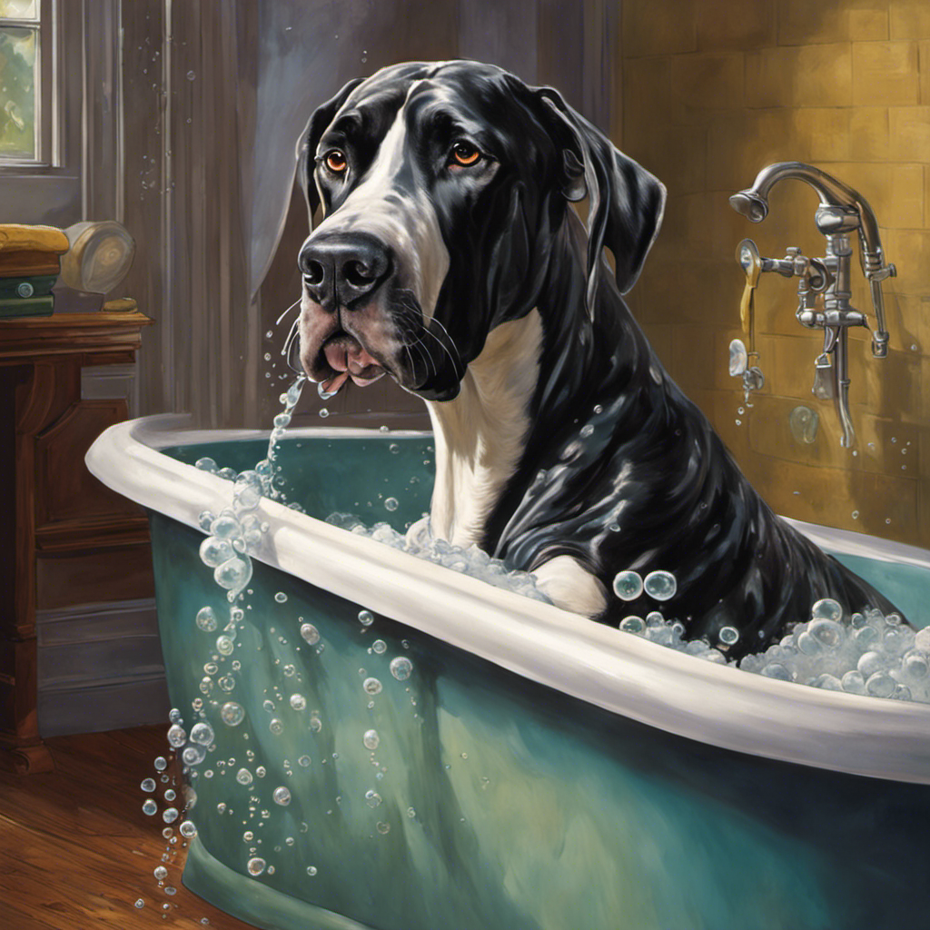 An image capturing the humorous struggle of a determined owner, clad in rubber boots, attempting to fit a gigantic, wet, and soapy Great Dane into a standard-sized bathtub, splashes and bubbles filling the air