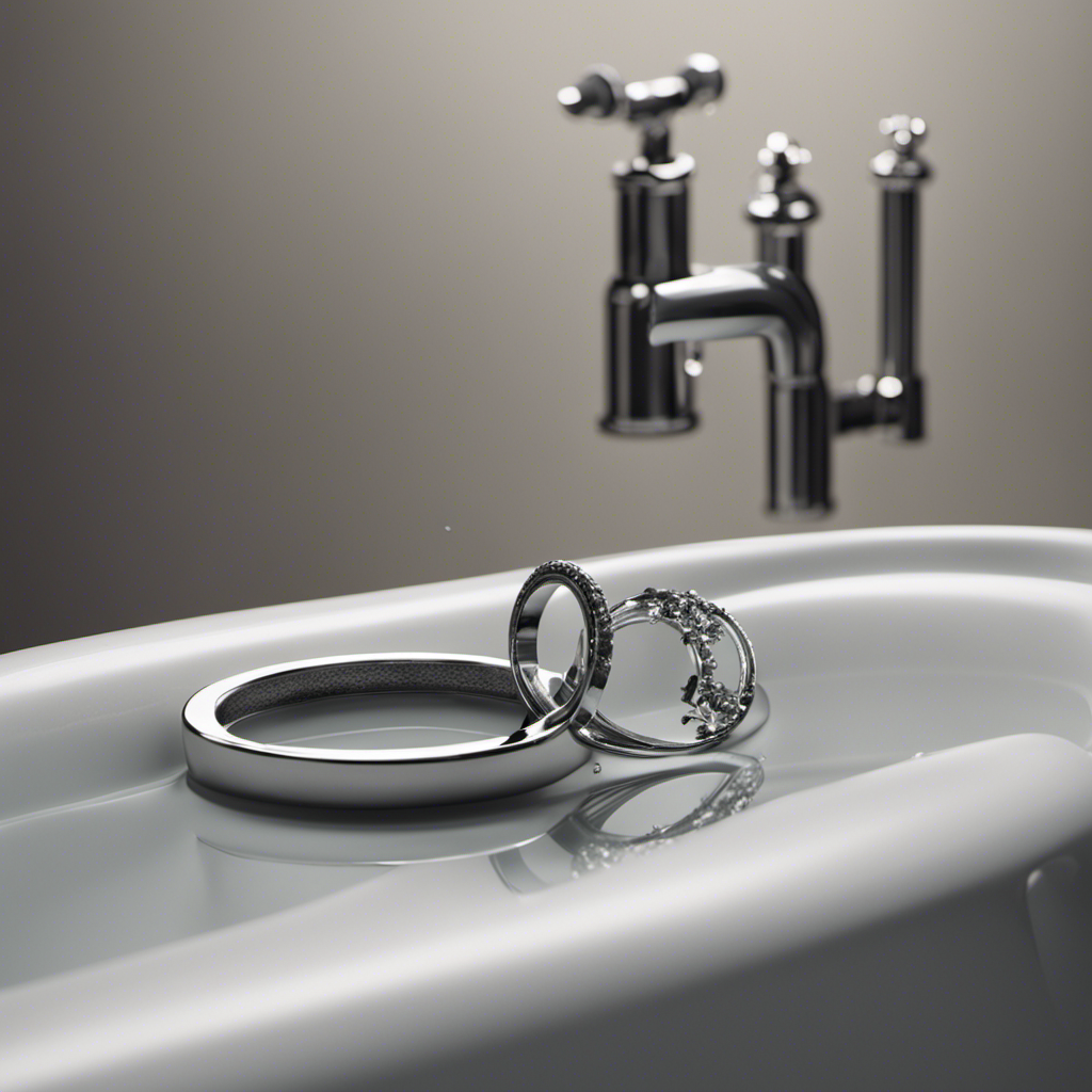 An image showcasing a close-up view of a metal ring lodged in a bathtub drain, with water droplets cascading from the faucet and a pair of long-nose pliers delicately positioned nearby