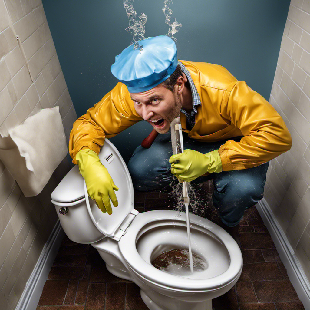 An image showcasing a person wearing rubber gloves, using a plunger to forcefully plunge a clogged toilet