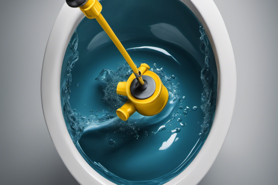 An image of a person wearing rubber gloves, holding a plunger, and using it in a downward motion inside a toilet bowl
