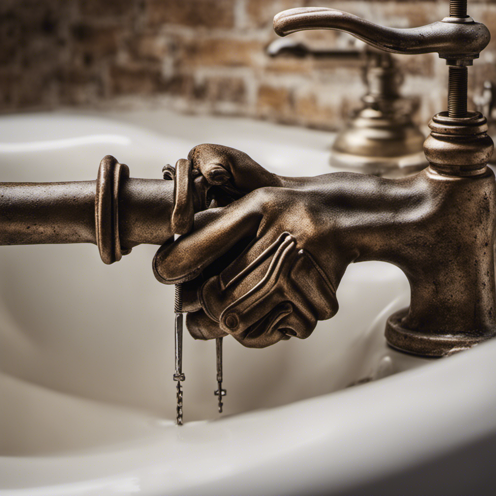 An image showcasing a close-up perspective of a pair of gloved hands gripping a wrench, firmly turning counterclockwise on a corroded bathtub drain