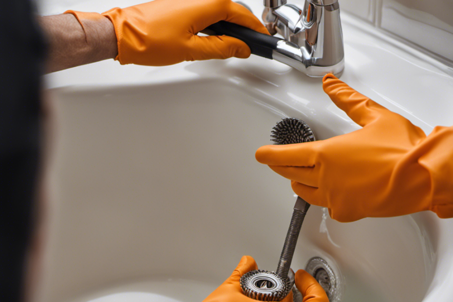 An image showcasing a close-up of a pair of gloved hands dismantling a clogged bathtub drain