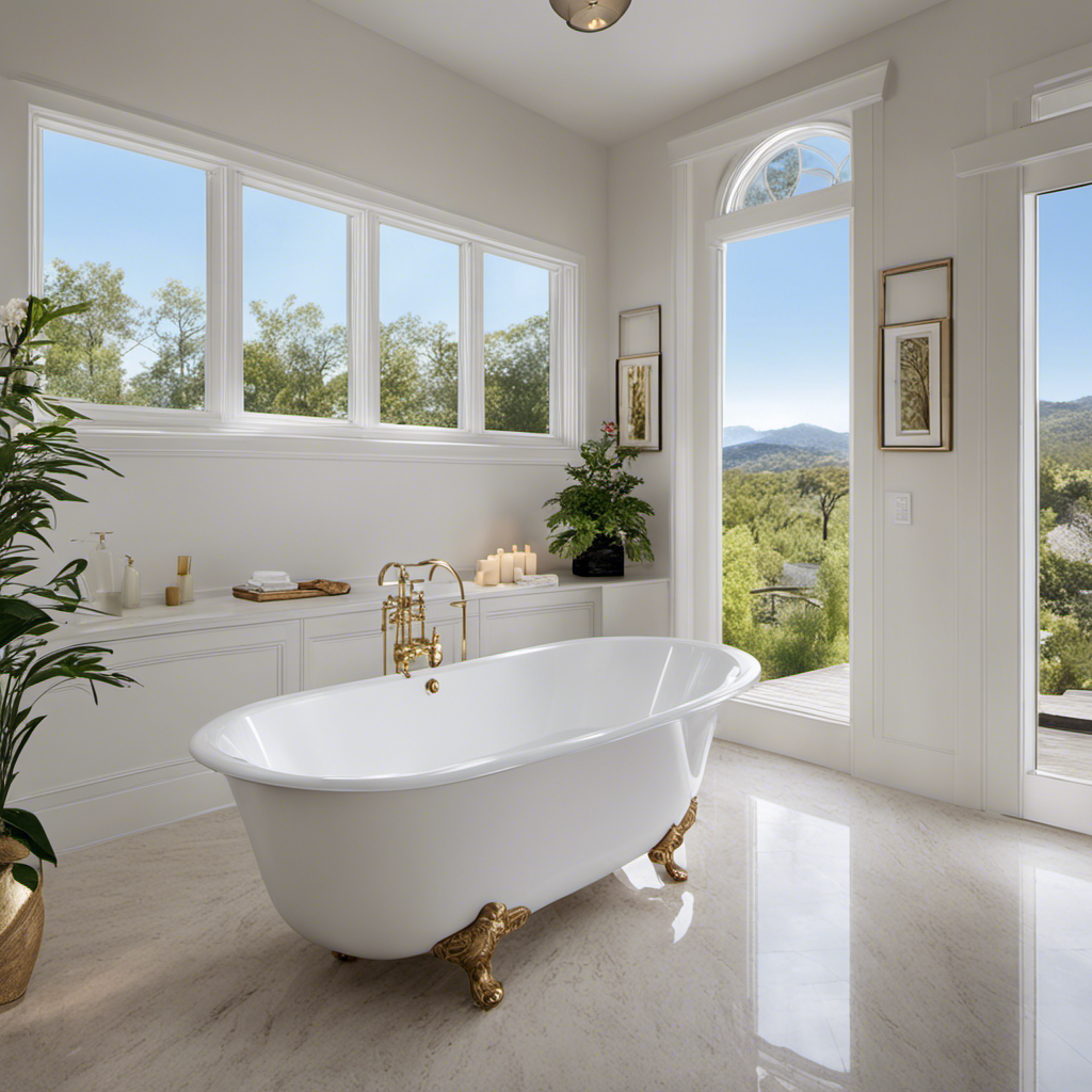 An image showcasing a gleaming, immaculate white bathtub that sparkles under soft, natural light
