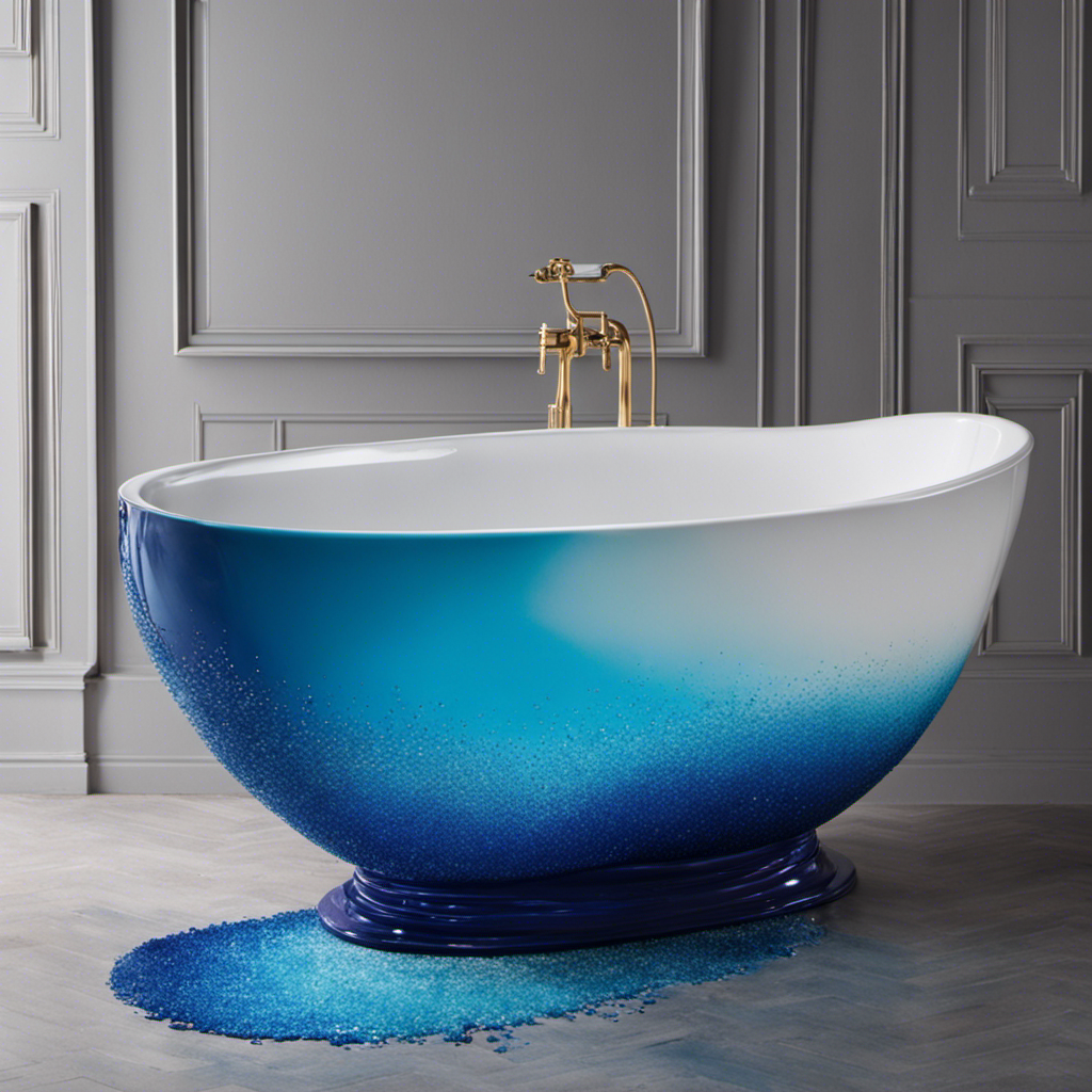 An image showcasing a sparkling white bathtub with remnants of vibrant blue hair dye on the surface