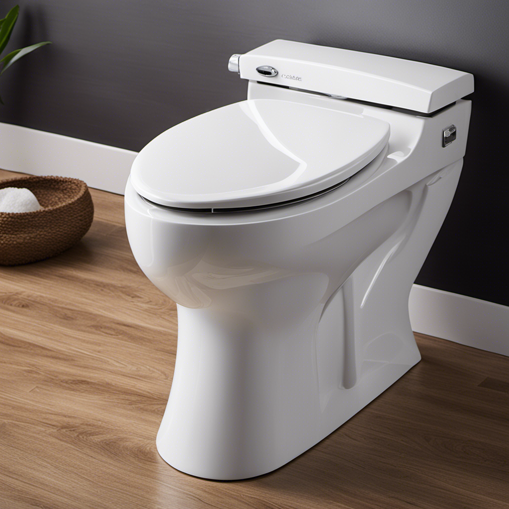 An image showcasing a sparkling white toilet bowl with a gleaming surface, free from any brown stains
