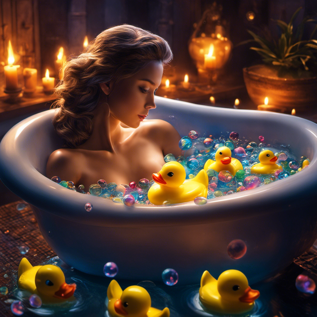 An image featuring a woman reclining in a bathtub filled with warm water, her hand gently stirring the water with a colorful rubber duck