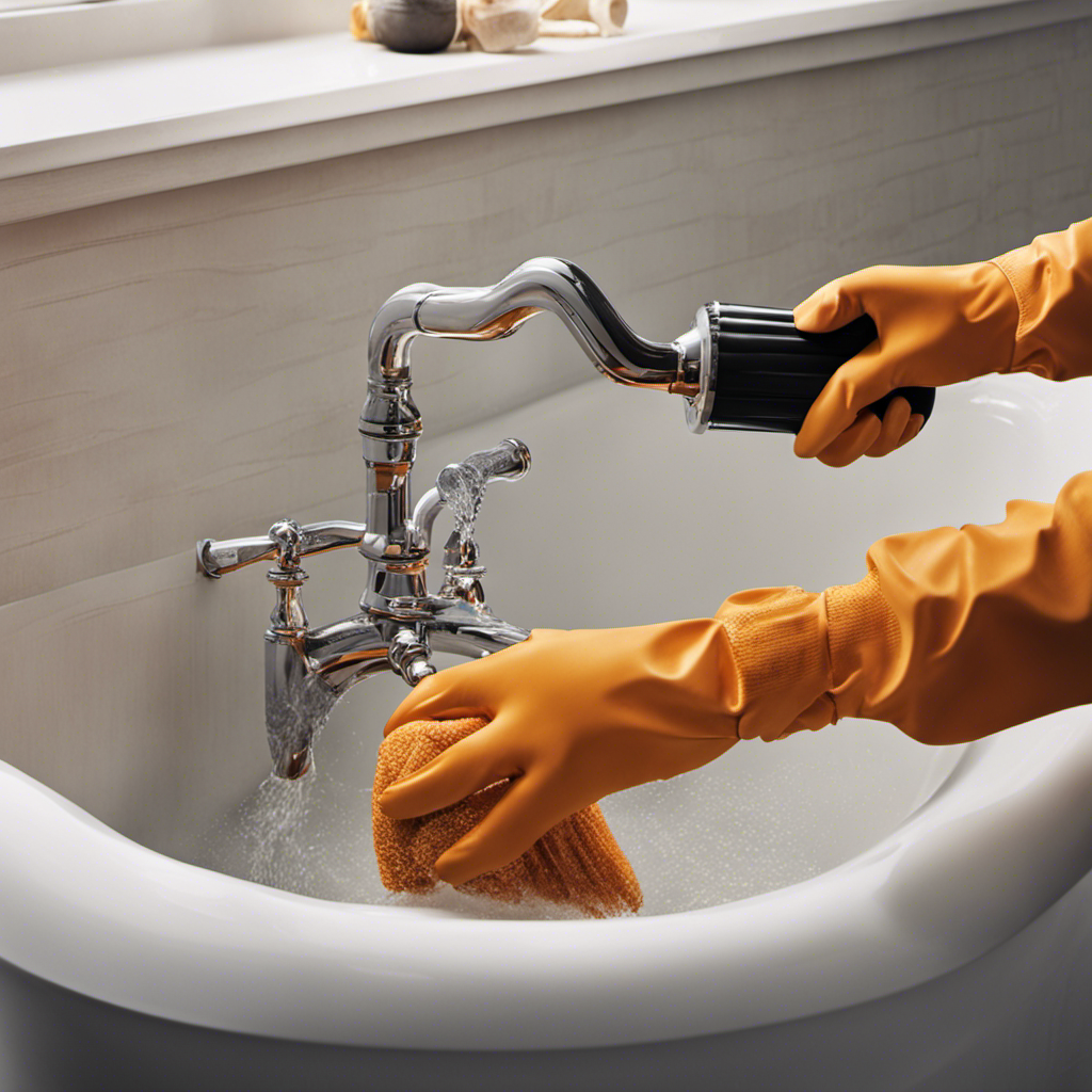 An image that captures the process of removing a clogged drain from a bathtub: a pair of gloved hands wielding a plunger, exerting force as water gushes out, while hair and debris are dislodged from the drain