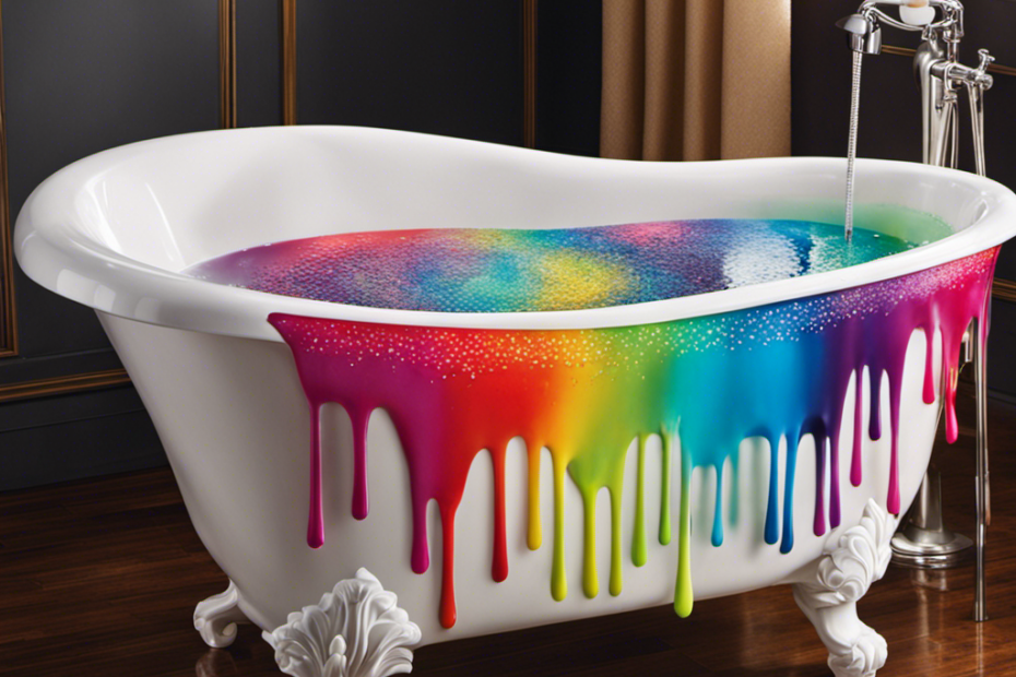 An image showcasing a sparkling white bathtub where vibrant dye stains are vanishing under the diligent scrubbing of a sponge, while colorful droplets cascade down the drain
