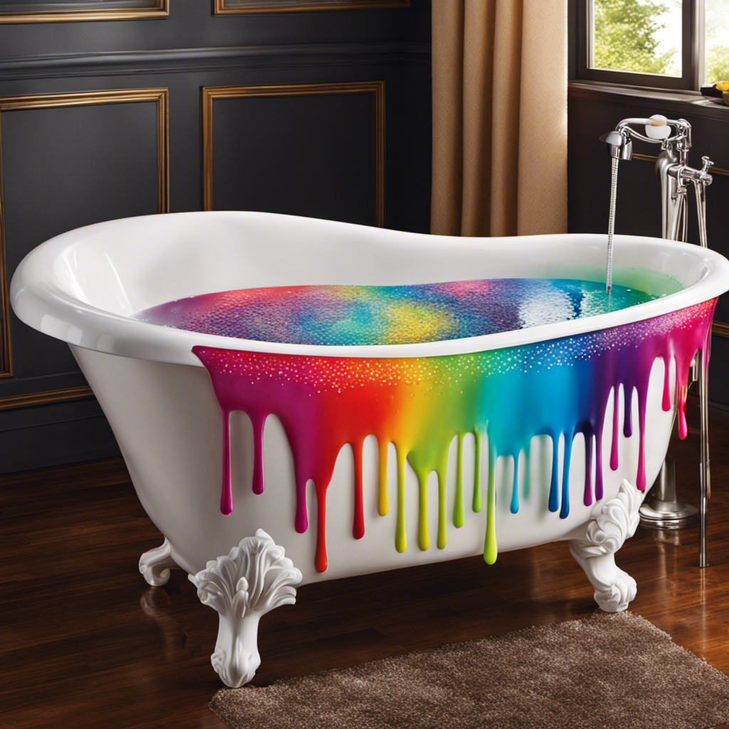 An image showcasing a sparkling white bathtub where vibrant dye stains are vanishing under the diligent scrubbing of a sponge, while colorful droplets cascade down the drain