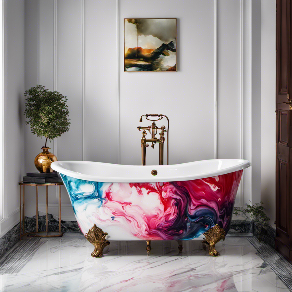 An image showcasing a porcelain bathtub with vibrant dye stains