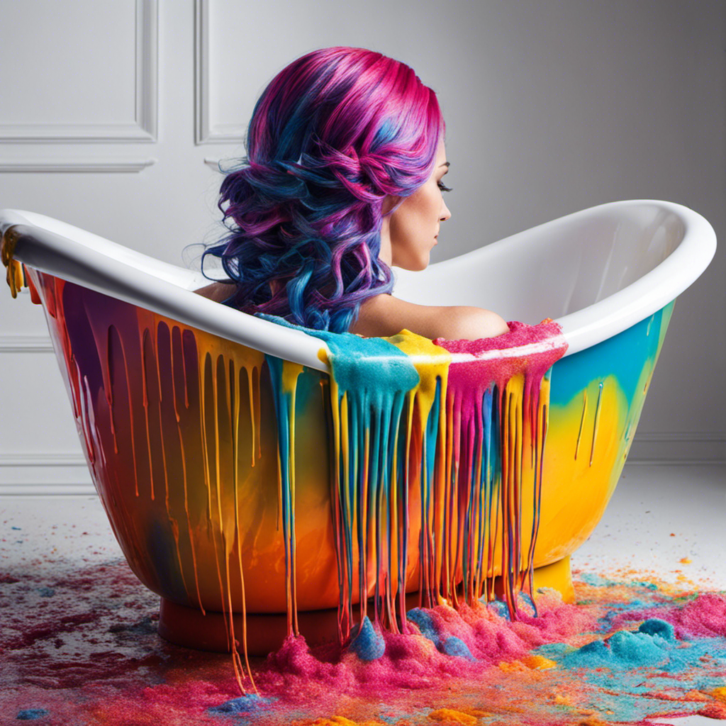 An image showcasing a sparkling white bathtub with vibrant strands of colorful hair dye splattered on its surface