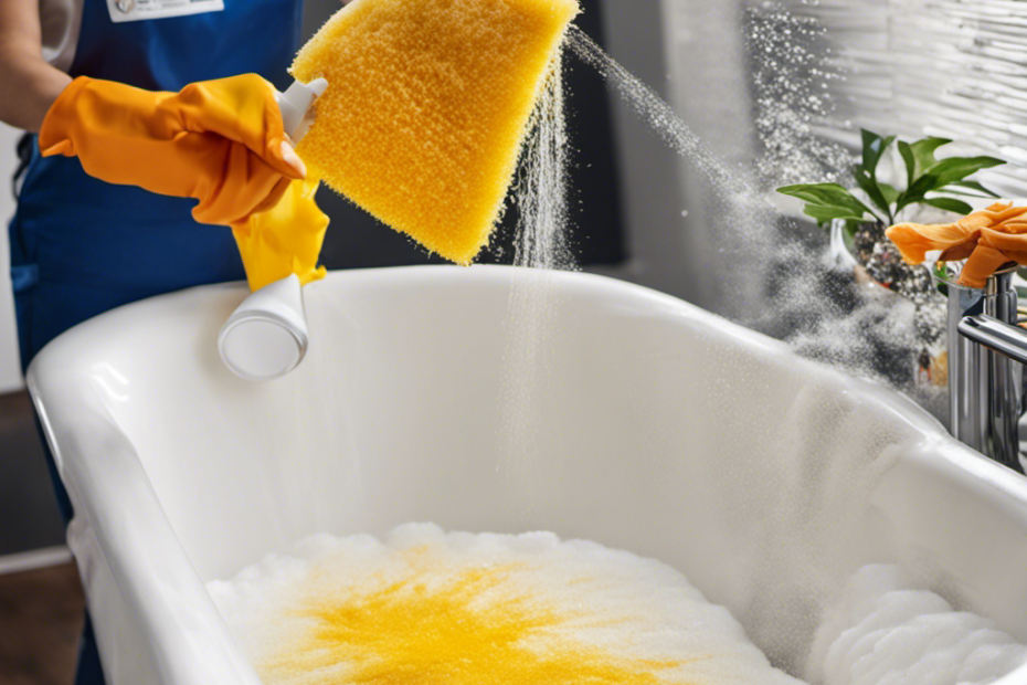 An image showcasing a pristine white bathtub marred by vibrant streaks of hair dye