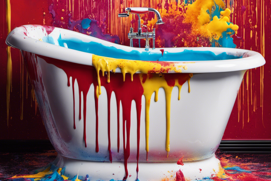 An image showcasing a sparkling white bathtub marred by vibrant splatters of hair dye