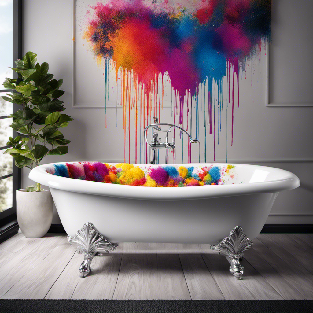 An image capturing a white porcelain bathtub with vibrant splatters of colorful hair dye