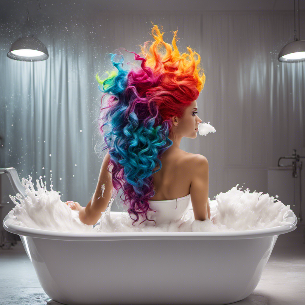 An image showcasing a pristine white bathtub surrounded by splashes of vibrant hair dye, a pair of rubber gloves, a bottle of stain remover, and a sponge
