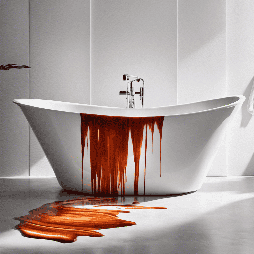An image showcasing a pristine white bathtub with vibrant hair dye stains in varying shades, scattered across the surface