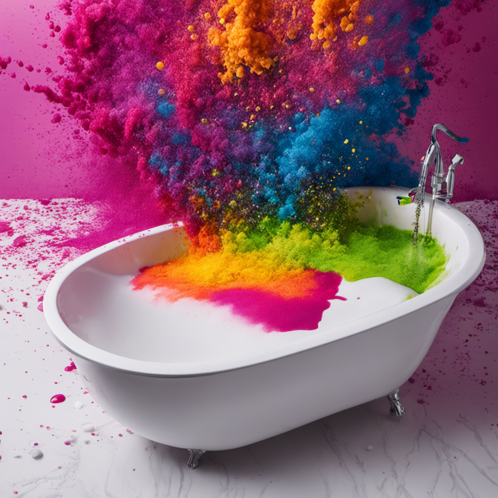 An image of a sparkling white bathtub with vibrant, colorful hair dye stains concentrated near the drain