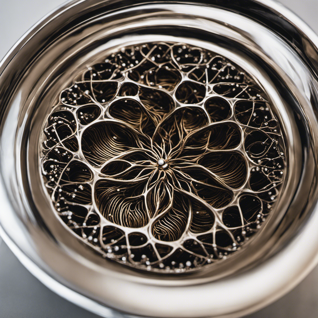 An image that showcases a close-up view of a bathtub drain filled with tangled strands of hair, partially blocking the flow of water