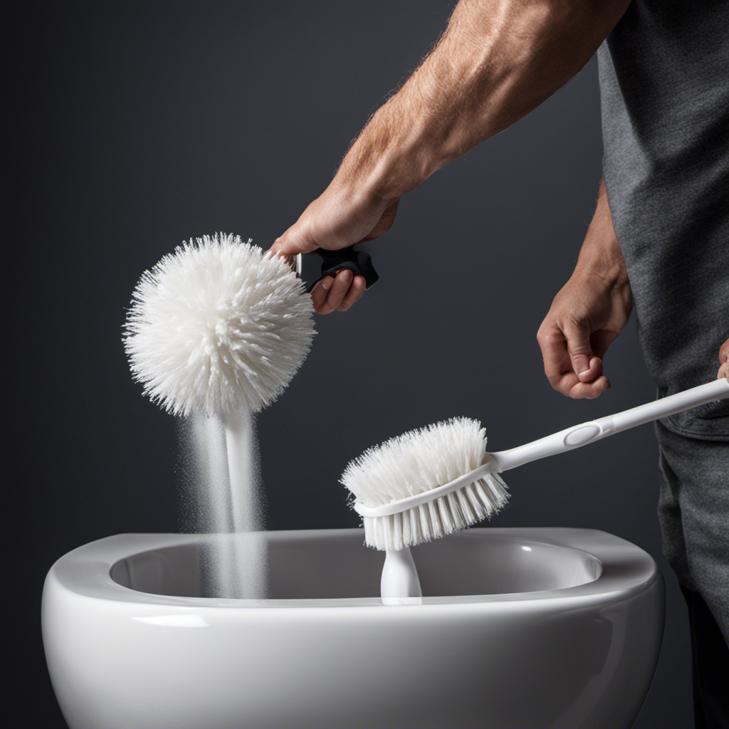 An image showcasing a pair of gloved hands holding a sturdy toilet brush, vigorously scrubbing a pristine white toilet bowl