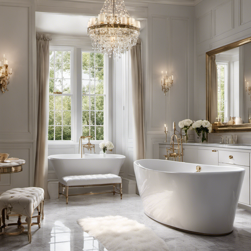 An image showcasing a sparkling white bathtub, gleaming under bright bathroom lighting