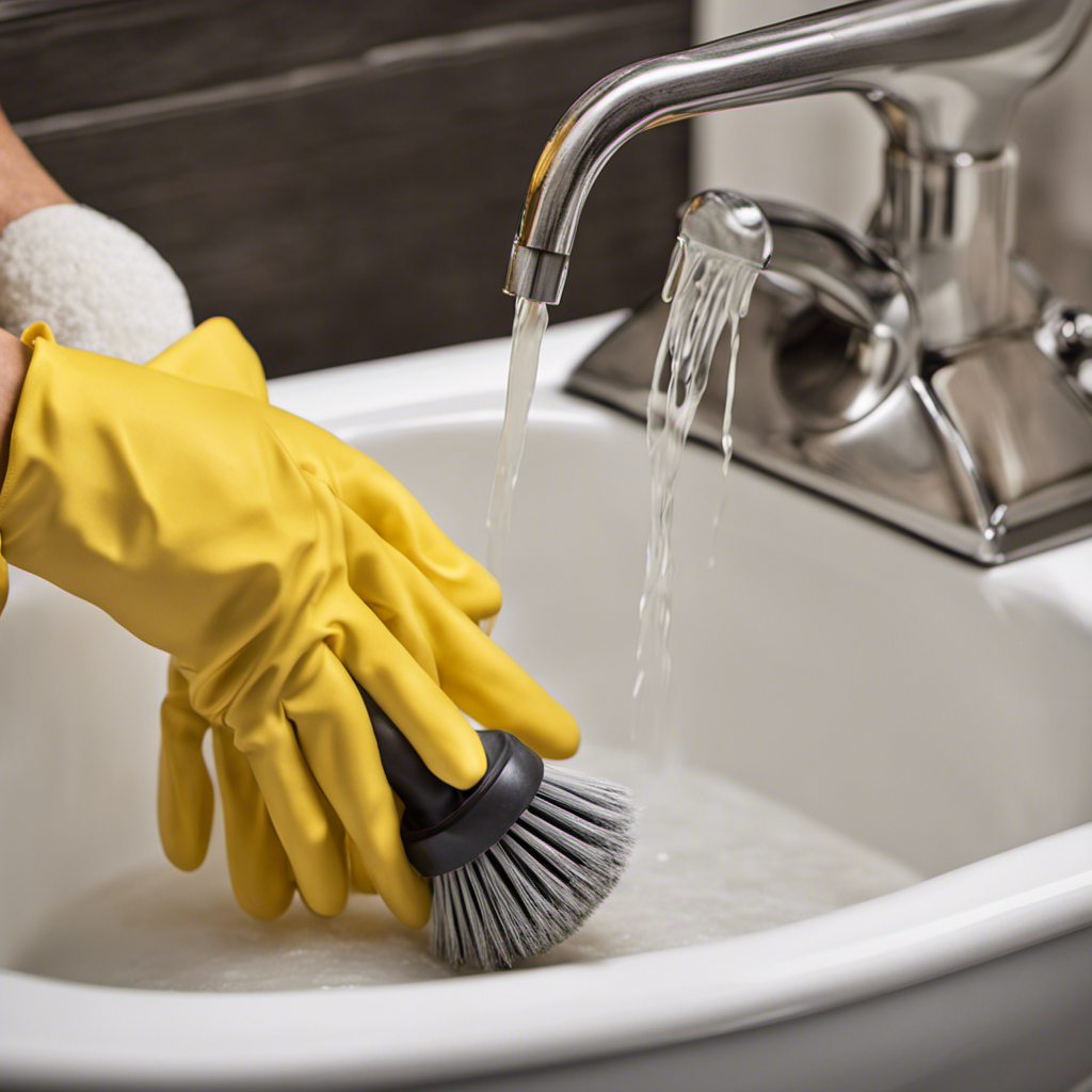 An image capturing the step-by-step process of unclogging a bathtub drain: a person wearing gloves, using a plunger vigorously, removing hair and debris, pouring a mixture of vinegar and baking soda, and finally, water flowing smoothly down the drain