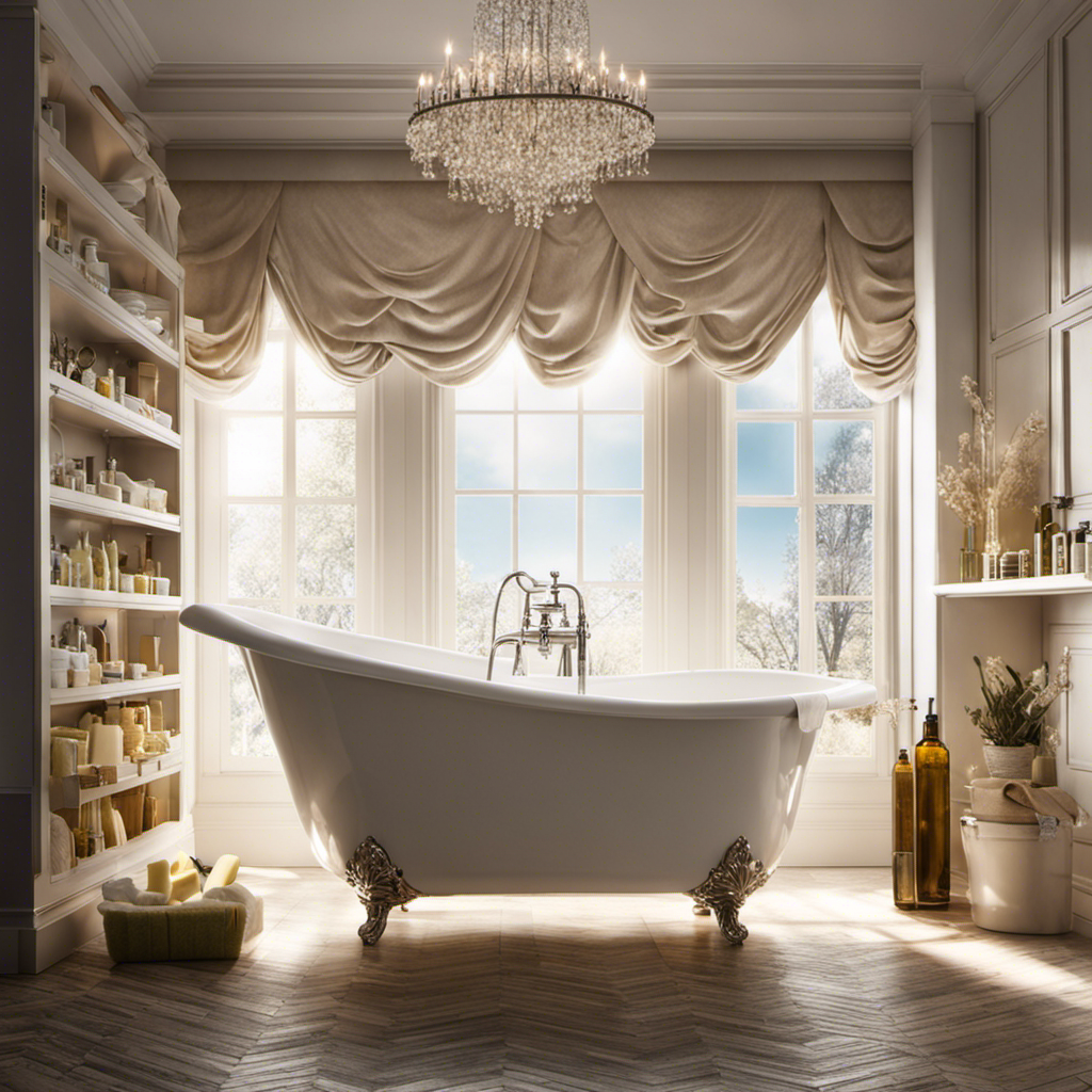 An image depicting a sparkling white bathtub, gleaming under the warm glow of a spotlight, surrounded by a variety of cleaning supplies like scrub brushes, white vinegar, baking soda, and gloves