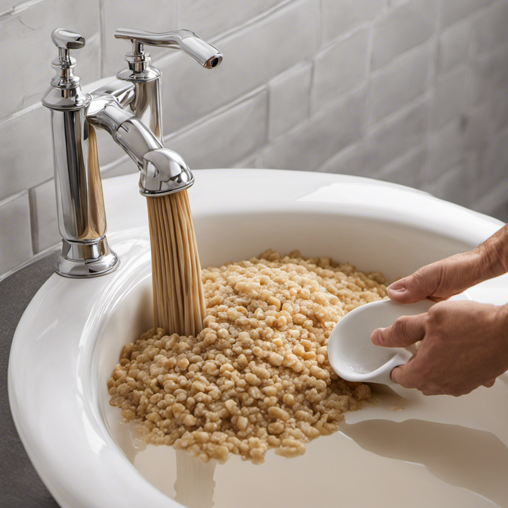 An image capturing the process of removing oatmeal from a bathtub drain