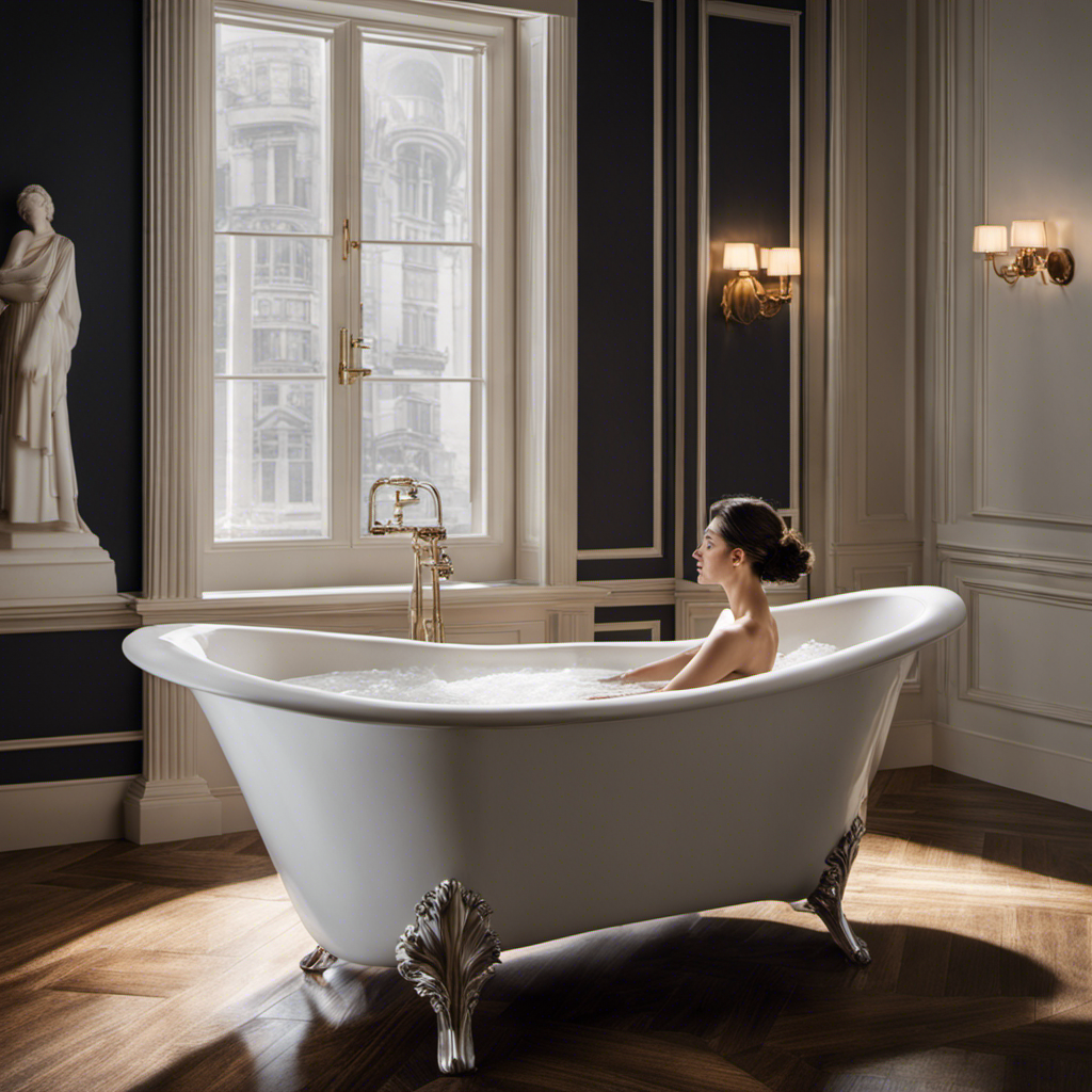 An image capturing the graceful movement of a person in a bathtub, showcasing their hands gripping the tub's edge, one leg extended outward, while the opposite foot presses against the tub's wall for leverage