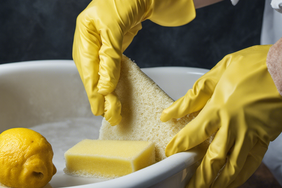 An image showcasing a hand wearing rubber gloves, holding a sponge soaked in a mixture of lemon juice and baking soda, gently scrubbing a rusty bathtub
