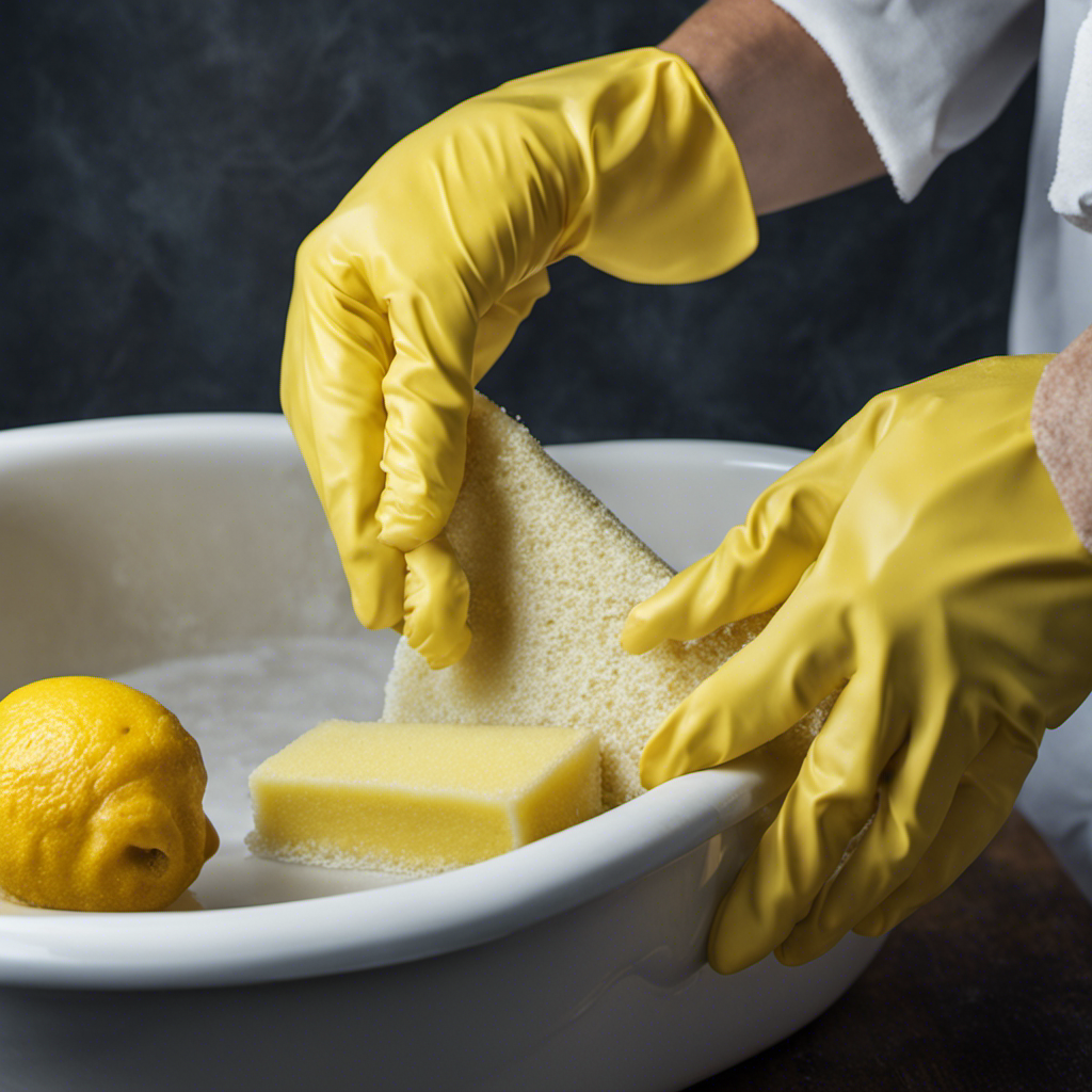 An image showcasing a hand wearing rubber gloves, holding a sponge soaked in a mixture of lemon juice and baking soda, gently scrubbing a rusty bathtub