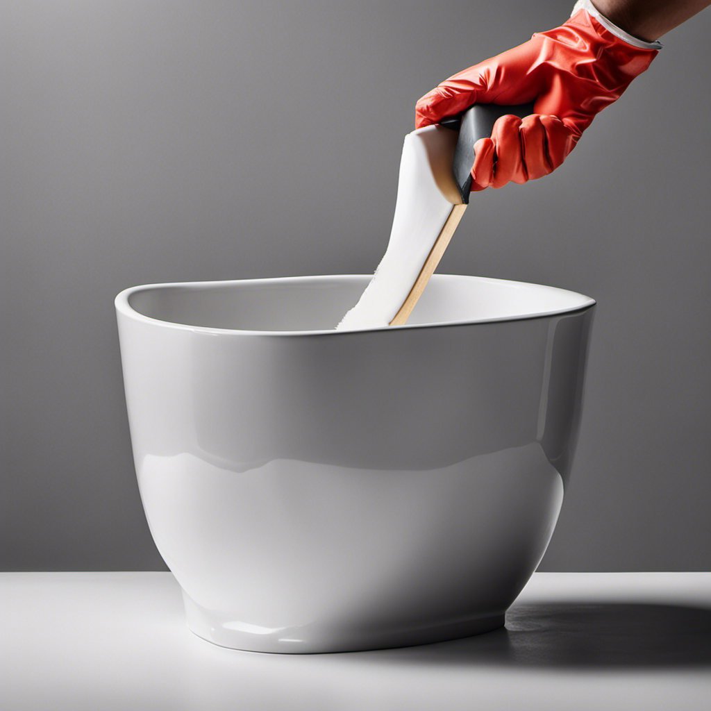 An image capturing the process of removing paint from a bathtub: a pair of gloves holding a paint scraper, gently removing layers of paint from a porcelain surface, revealing the clean white underneath