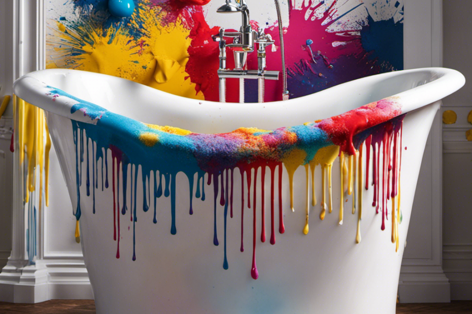 An image displaying a pristine white bathtub with colorful splatters of paint on its surface