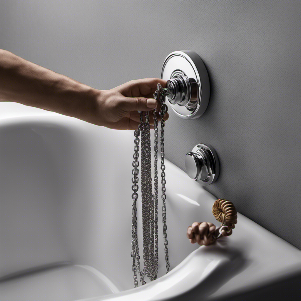 An image of a person firmly gripping the silver chain attached to the bathtub plug, while their other hand pulls upwards with force, showcasing the struggle and determination required to successfully remove the plug