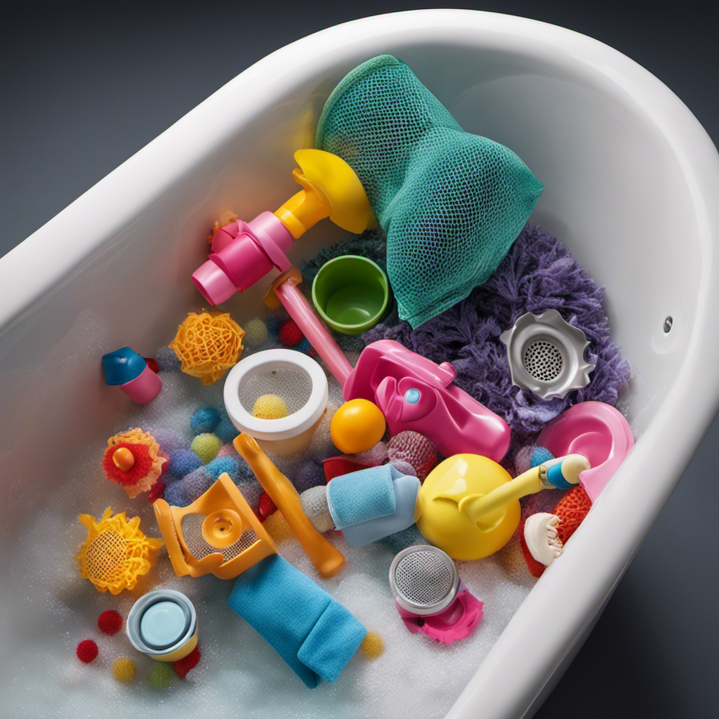 An image showcasing a bathtub drain with a clogged mesh strainer, surrounded by a pile of soapy toys, while a plunger and a pair of gloves lie nearby