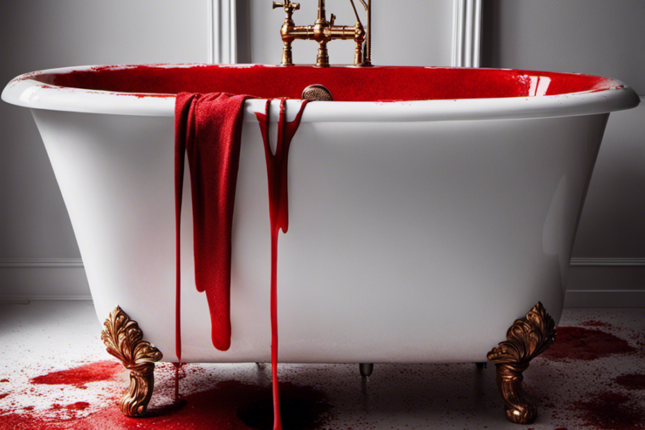 An image showcasing a sparkling white bathtub with remnants of vibrant red hair dye splattered around the edges