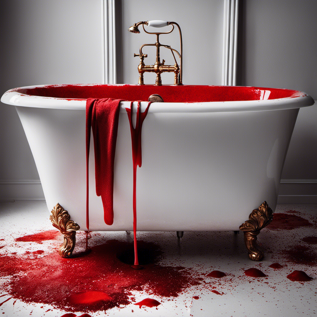 An image showcasing a sparkling white bathtub with remnants of vibrant red hair dye splattered around the edges