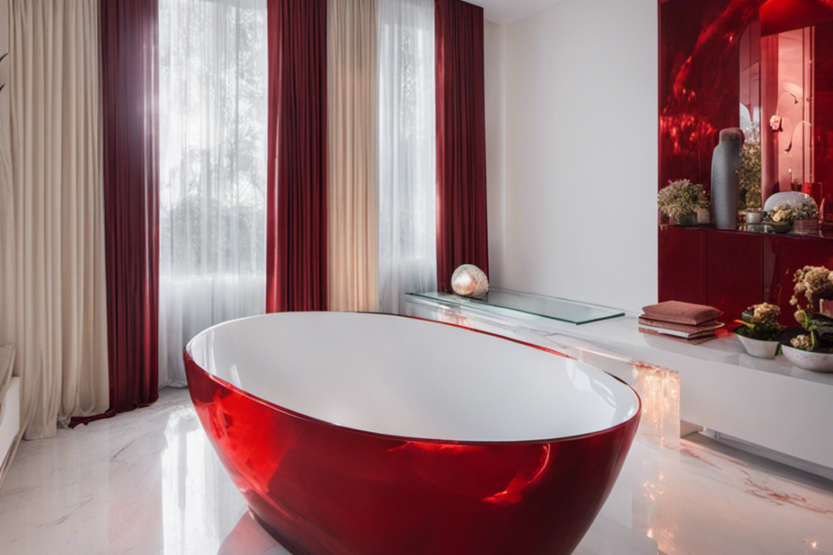 E of a pristine white bathtub with vibrant red streaks running down the sides